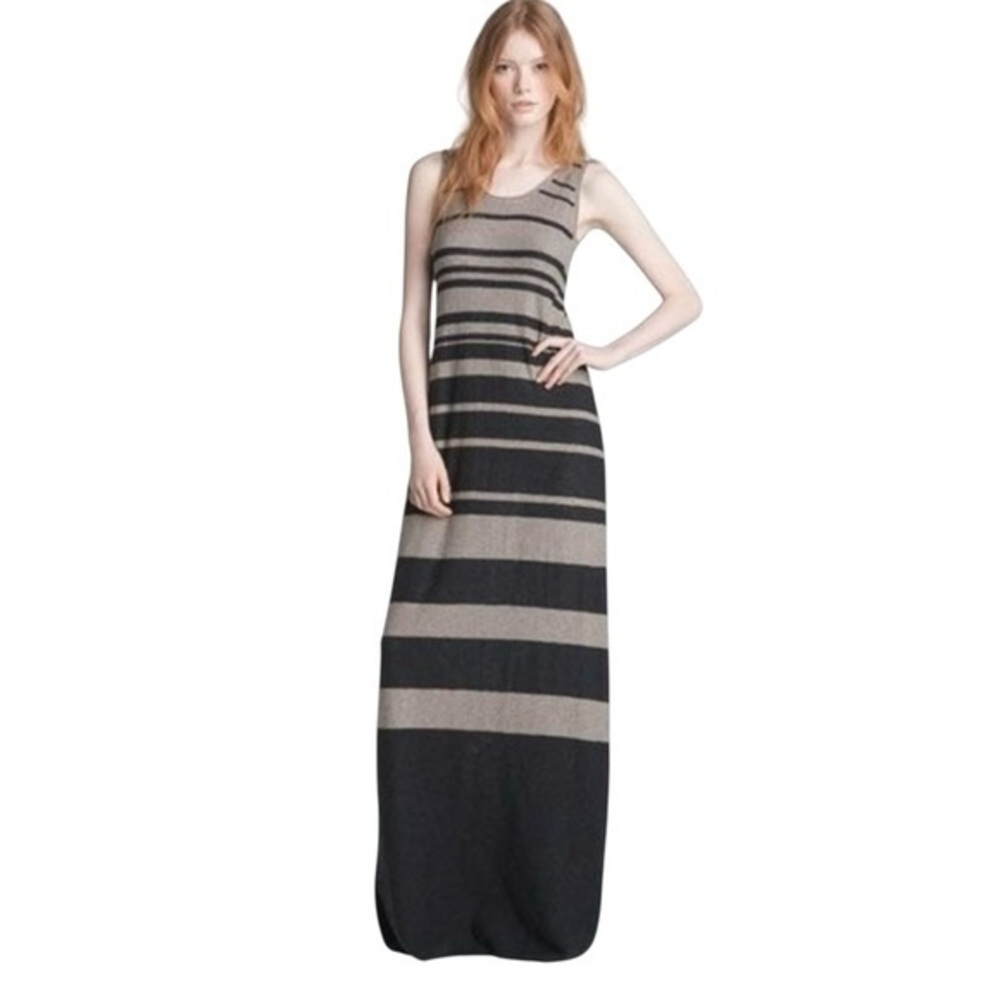 Vince Striped Maxi Tank Dress Scoop Neckline Black Taupe 100% Cotton Size Large